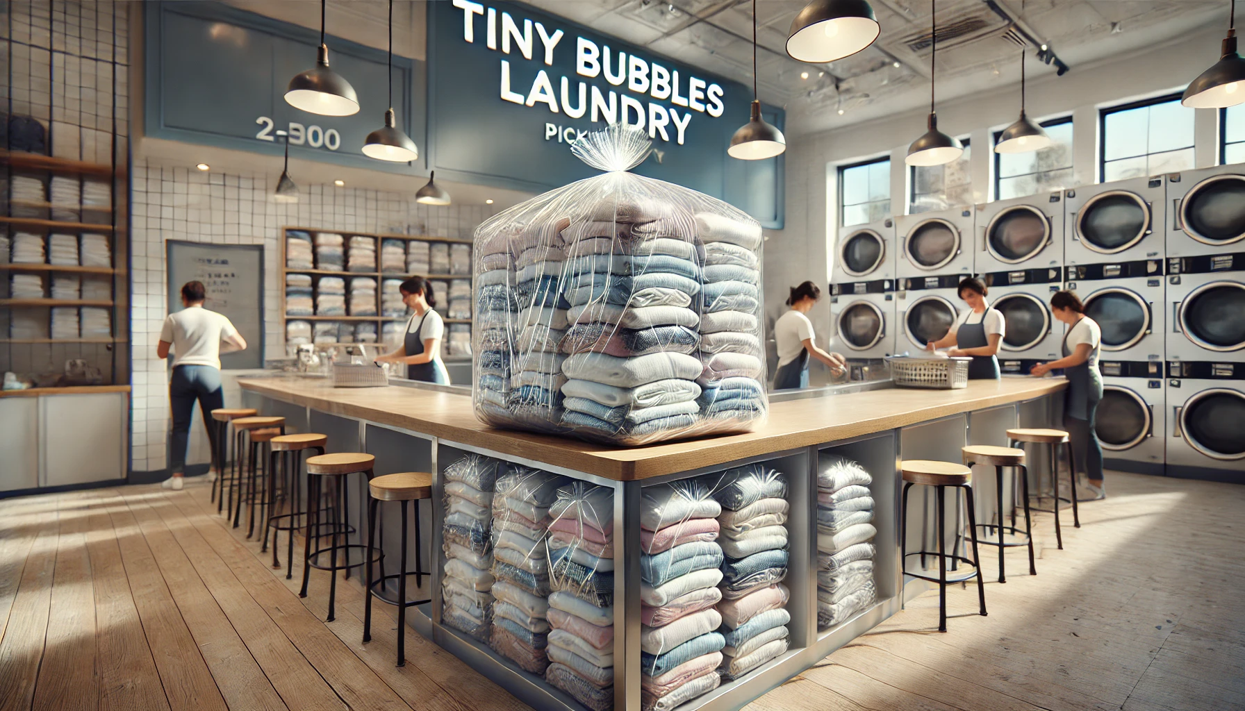 DALL·E 2025 01 17 20.13.33 A Photorealistic Depiction Of A Stack Of Neatly Folded Laundry, Wrapped In Clear Plastic For A Professional Finish, Sitting On A Polished Wooden Picku